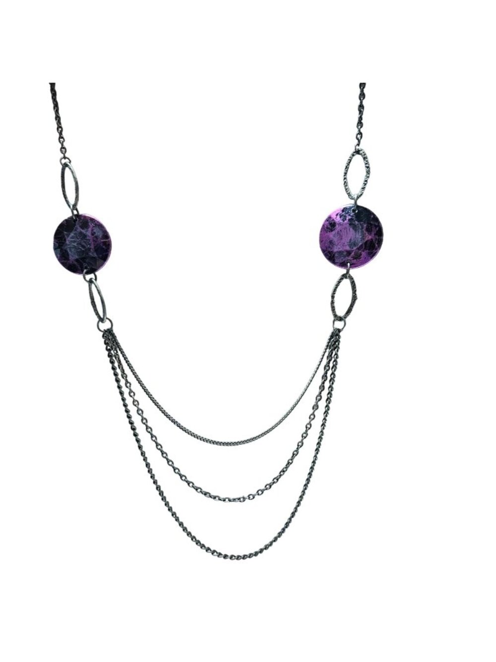 Vintage Purple Disc Necklace Silver Chain Multi Strand Statement Fashion Jewelry